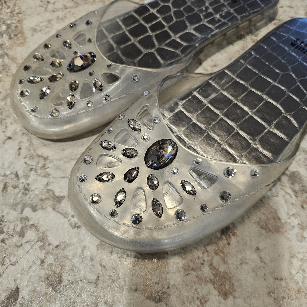 Stuart Weitzman Clear Jelly Sandals with Smoke Crystal Embellishments